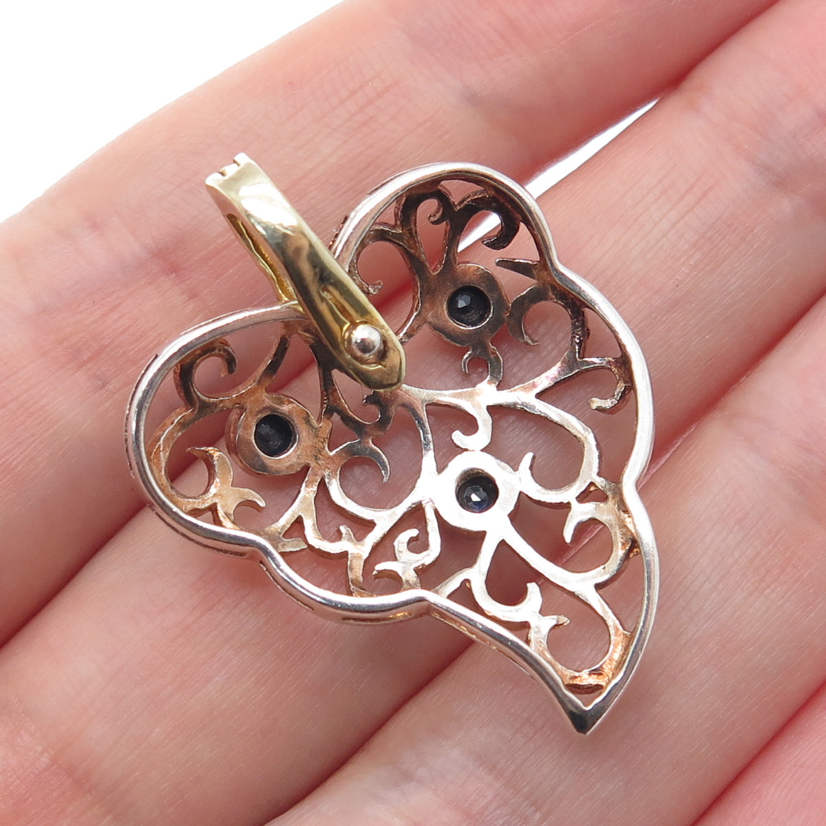 925 Sterling Silver 2-Tone Vintage Real Sapphire Floral Leaf Charm Pendant