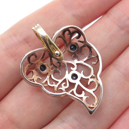 925 Sterling Silver 2-Tone Vintage Real Sapphire Floral Leaf Charm Pendant