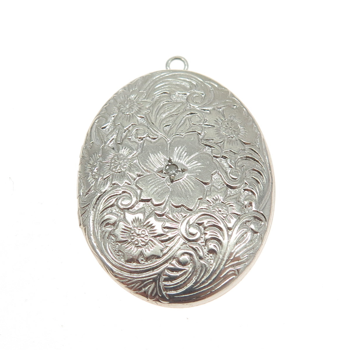 TRU KAY 925 Sterling Silver Vintage Real Round-Cut Diamond Floral Locket Pendant