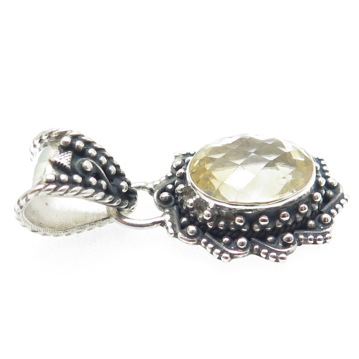 925 Sterling Silver Vintage Real Oval-Cut Citrine Floral Oxidized Pendant