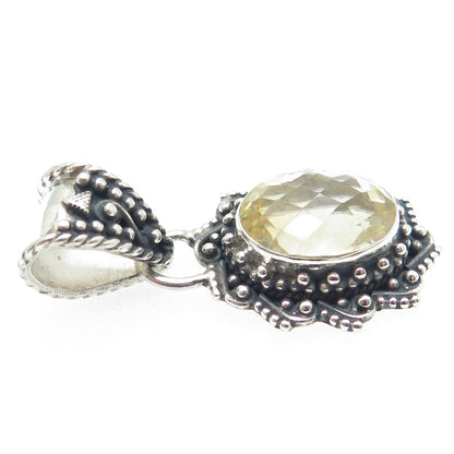 925 Sterling Silver Vintage Real Oval-Cut Citrine Floral Oxidized Pendant