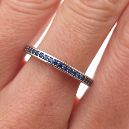 Pandora 925 Sterling Silver Enamel & Blue C Z Radiant Hearts Band Ring Size 7