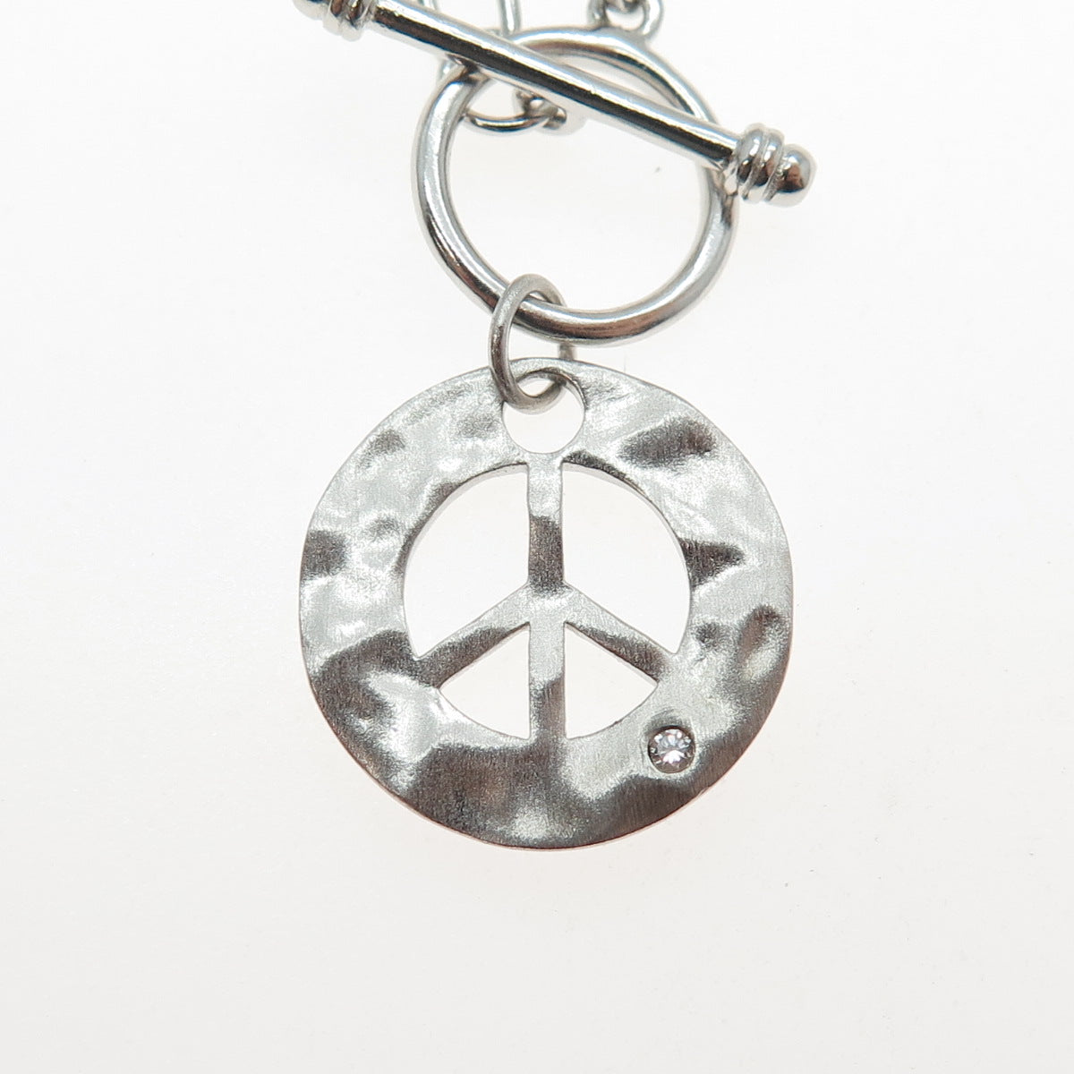 925 Sterling Silver Vintage Round-Cut C Z Peace Symbol Charm Bracelet 6.5"