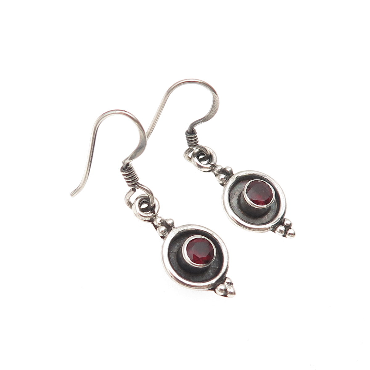 925 Sterling Silver Vintage Real Red Garnet Modernist Oxidized Dangle Earrings