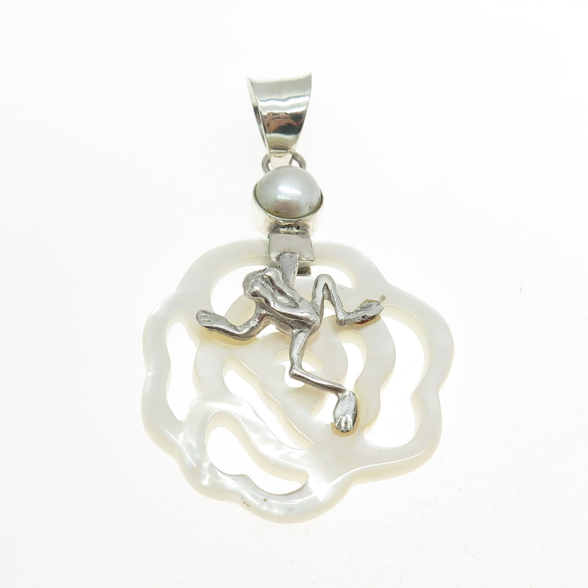 925 Sterling Silver Vintage Real Pearl & Carved MOP Frog on Flower Pendant