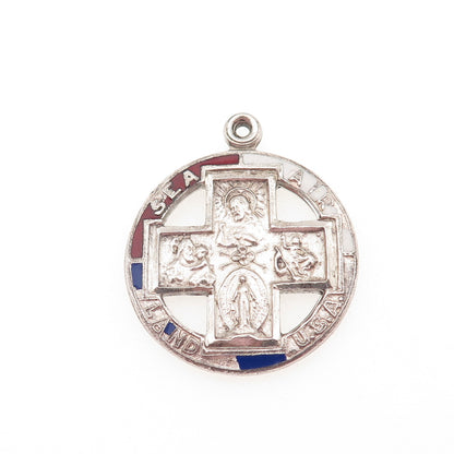 CHAPEL Sterling Antique Enamel Land Sea Air Four-Way Cross Medal Slide Pendant