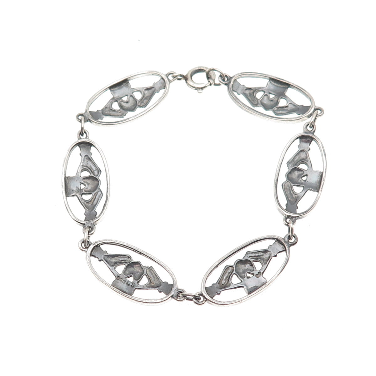 Solvar 925 Sterling Silver Vintage Irish Claddagh Link Oxidized Bracelet 7"