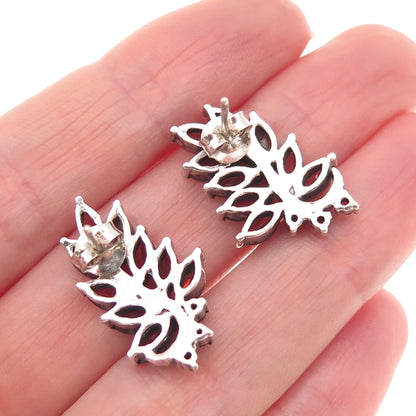 925 Sterling Silver Vintage Real Red Garnet Floral Oxidized Earrings