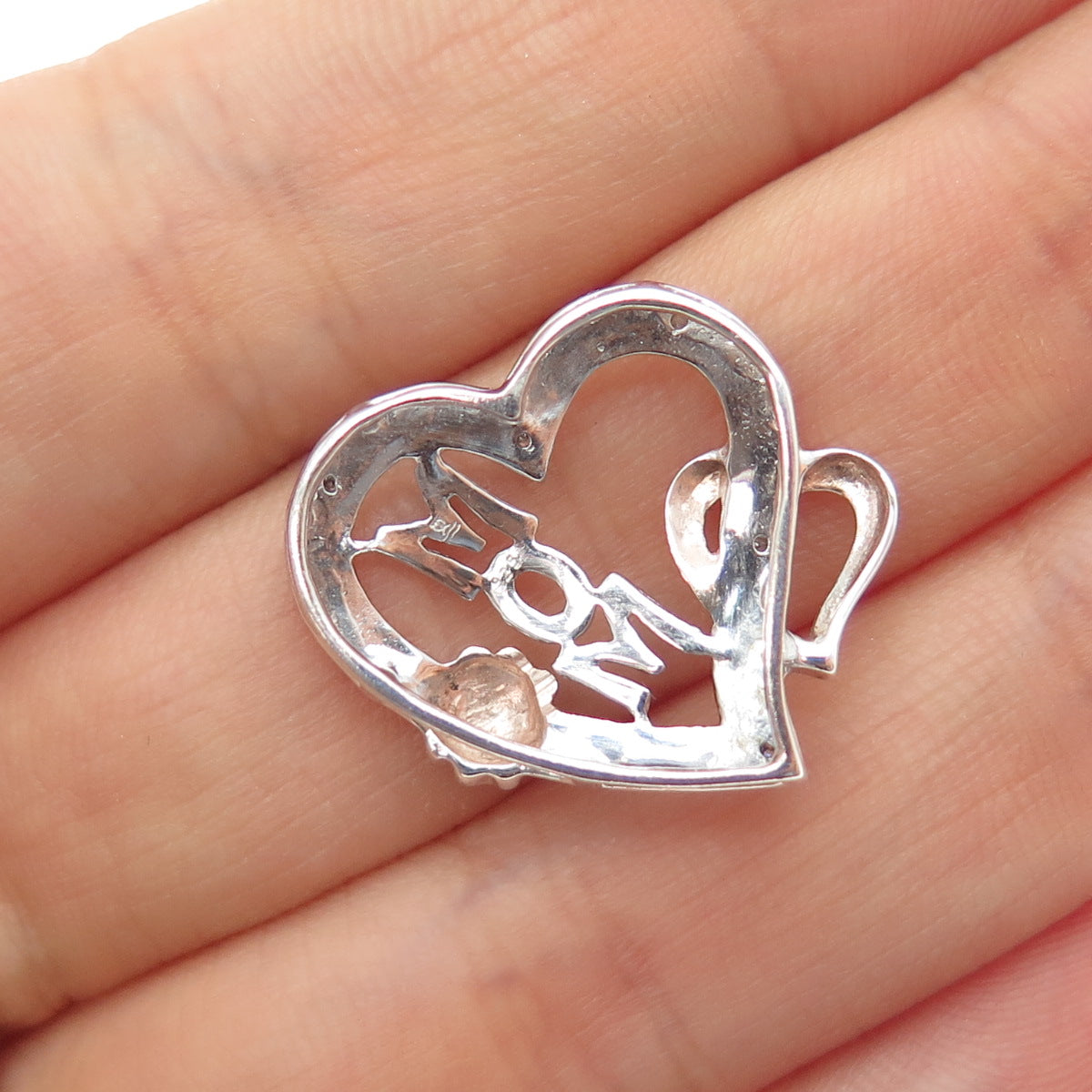 925 Sterling Silver Real Round-Cut Diamond Mom Flower Heart Mini Slide Pendant
