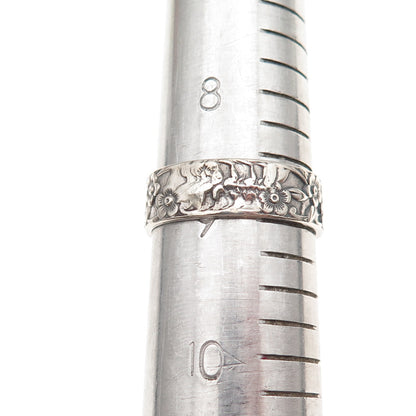 925 Sterling Silver Antique Art Deco Cherry Blossom Oxidized Ring Size 9