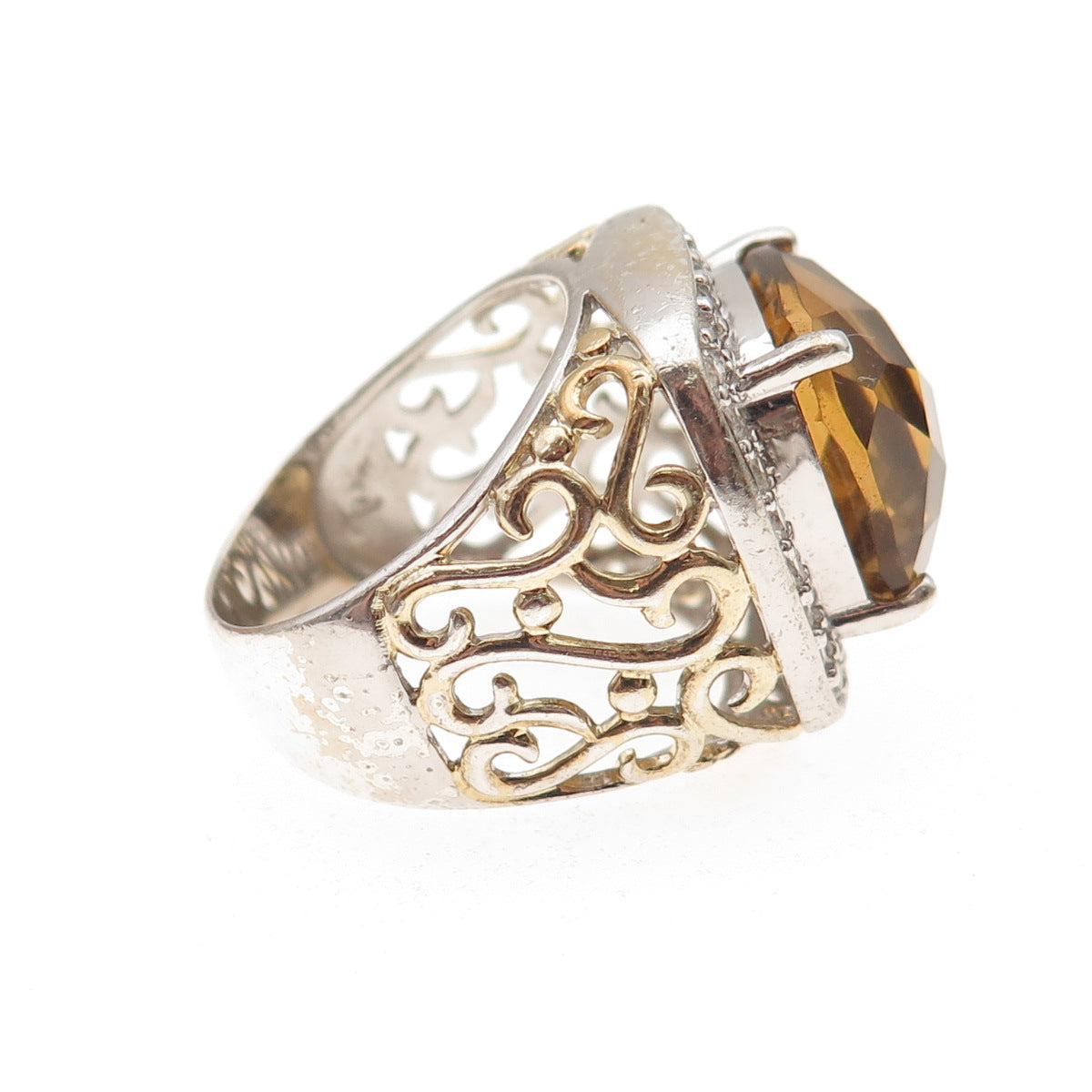 925 Sterling Silver 2-Tone Vintage Real Citrine & White Topaz Ring Size 7.25