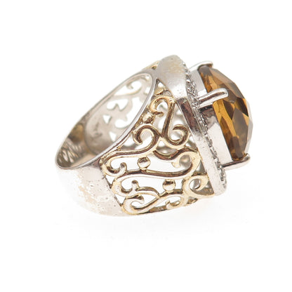 925 Sterling Silver 2-Tone Vintage Real Citrine & White Topaz Ring Size 7.25