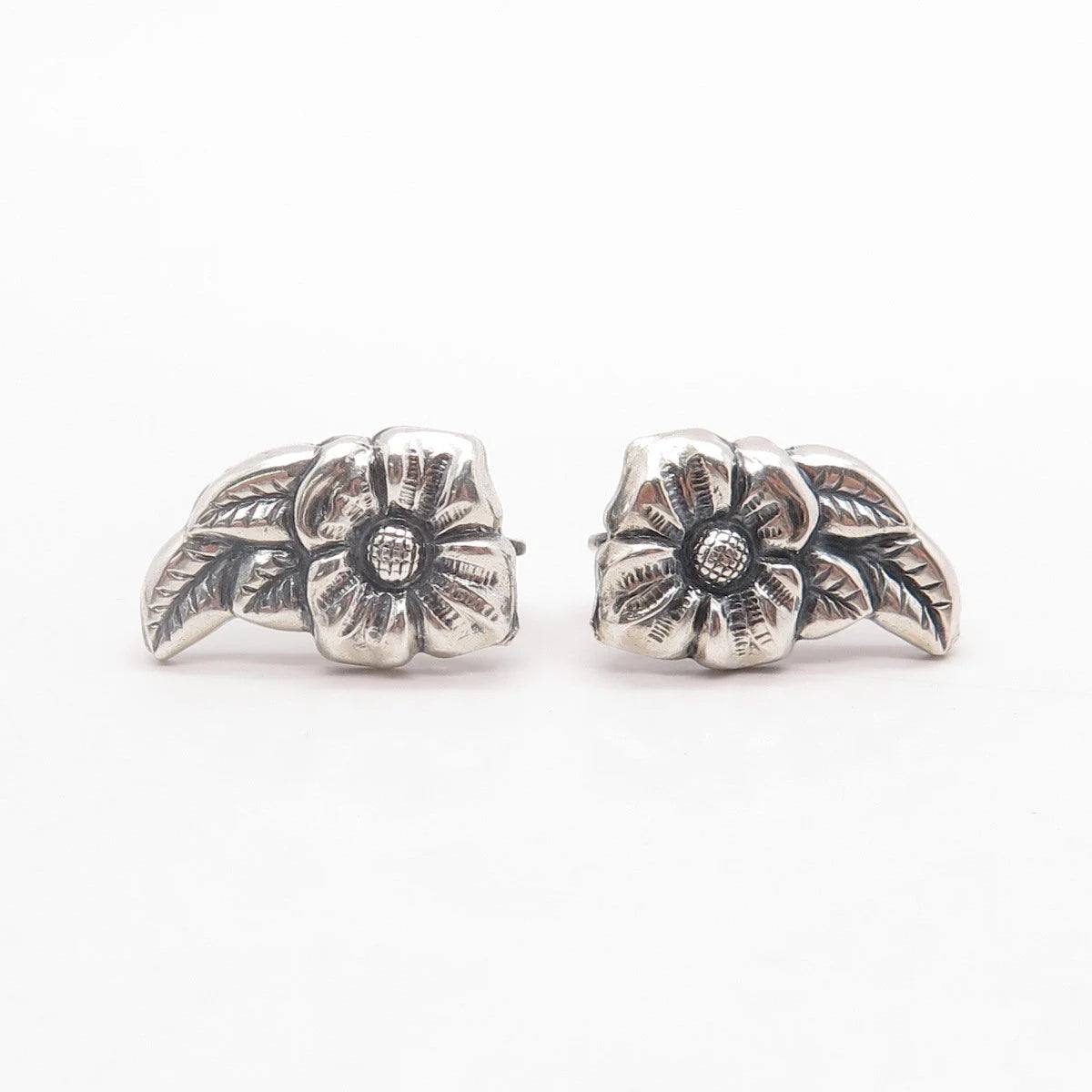 925 Sterling Silver Vintage Textured Floral Screw Back Earrings