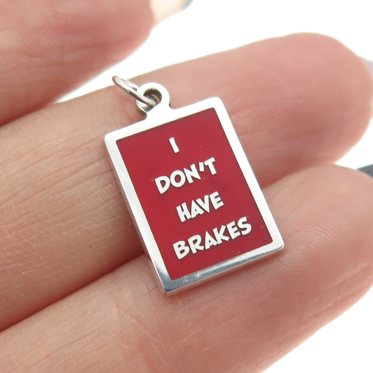 925 Sterling Silver Red Enamel "I Don't Have Brakes" Minimalist Charm Pendant