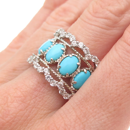 925 Sterling Silver Real Sleeping Beauty Turquoise & White Topaz Ring Size 8