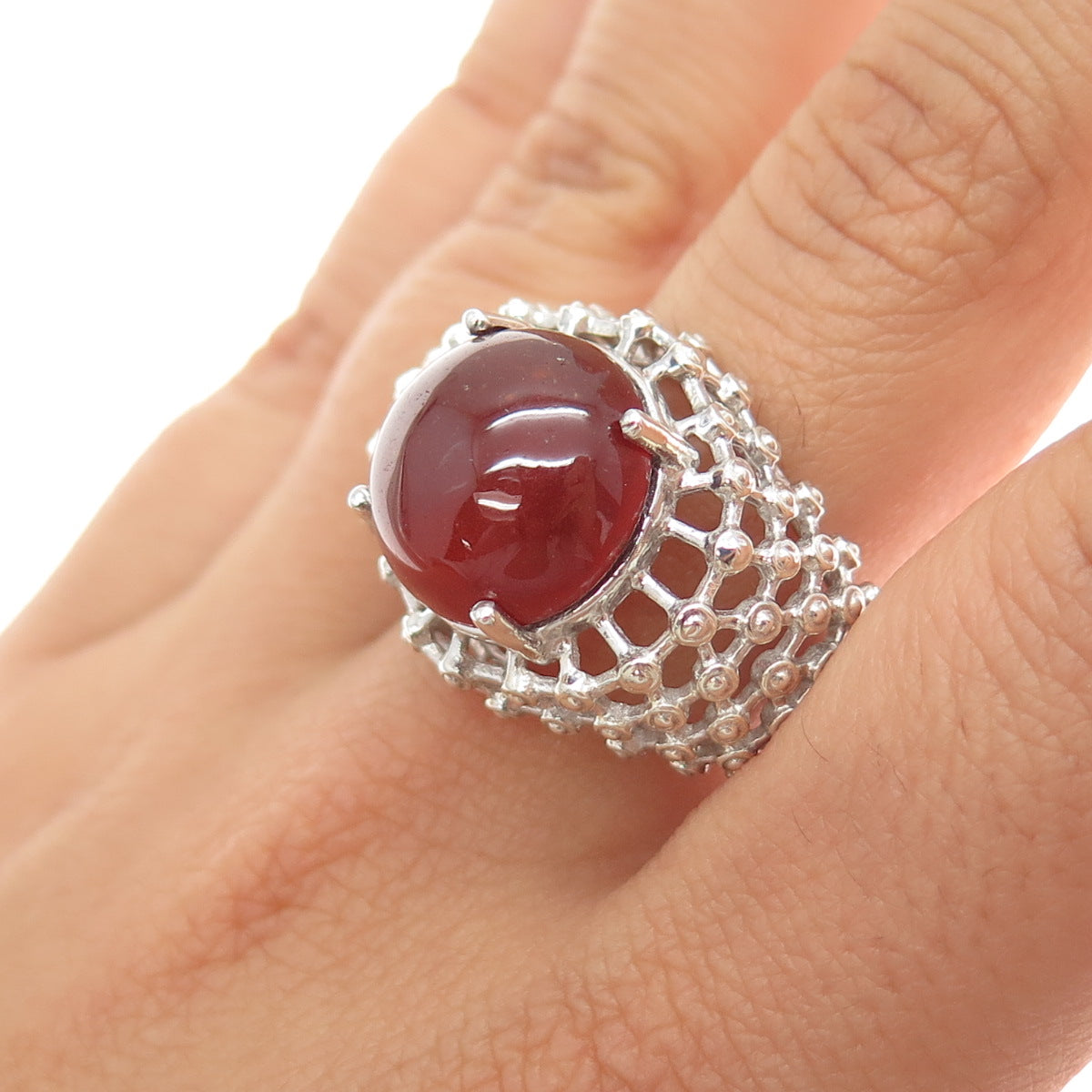 925 Sterling Silver Vintage Real Carnelian Modernist Beaded Mesh Ring Size 9.25
