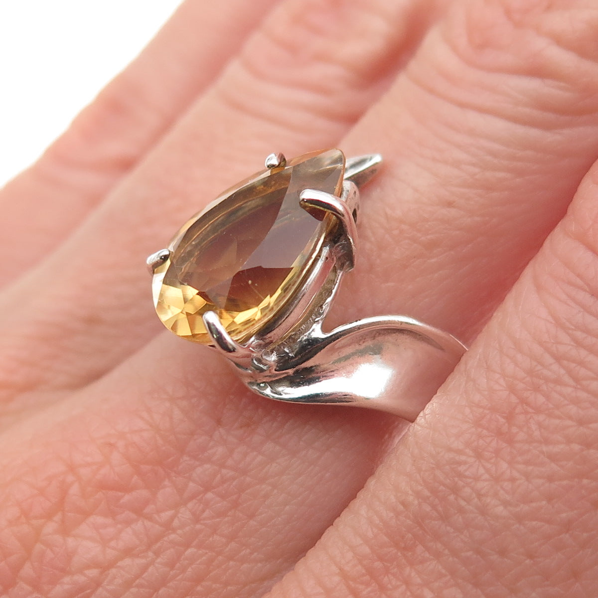 925 Sterling Silver Vintage Real Pear-Cut Citrine Modernist Ring Size 8.25