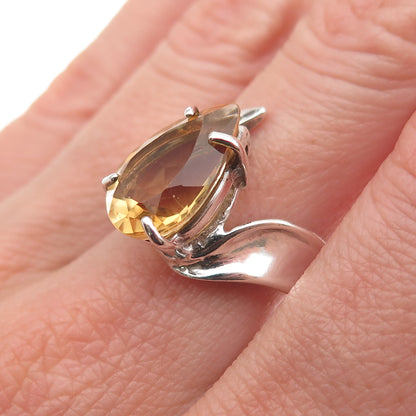 925 Sterling Silver Vintage Real Pear-Cut Citrine Modernist Ring Size 8.25