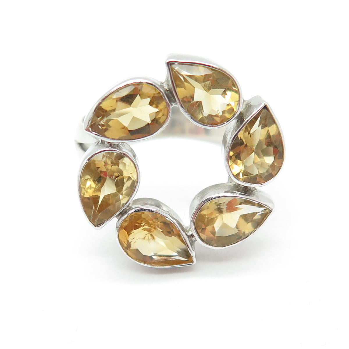 925 Sterling Silver Real Pear-Cut Citrine Gemstone Modernist Ring Size 7