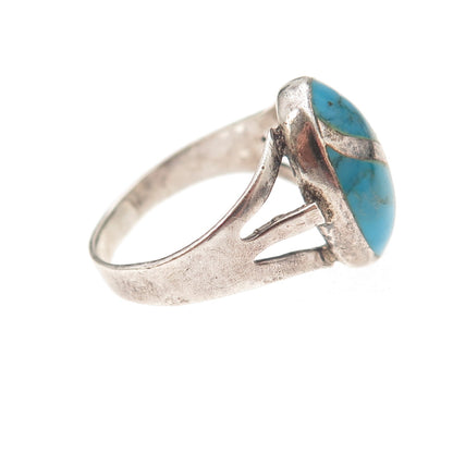 925 Sterling Silver Vintage Real Turquoise Yin Yang Oxidized Ring Size 6.75
