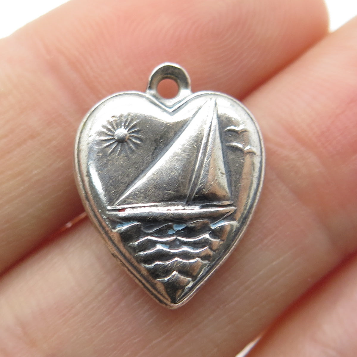 925 Sterling Silver Antique Sailboat Heart Chatelaine Minimalist Charm Pendant