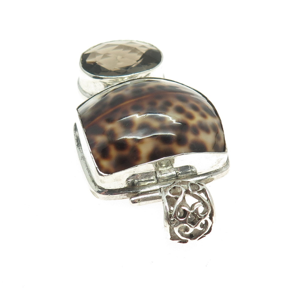 925 Sterling Silver Vintage Real Seashell & Smoky Quartz Modernist Pendant