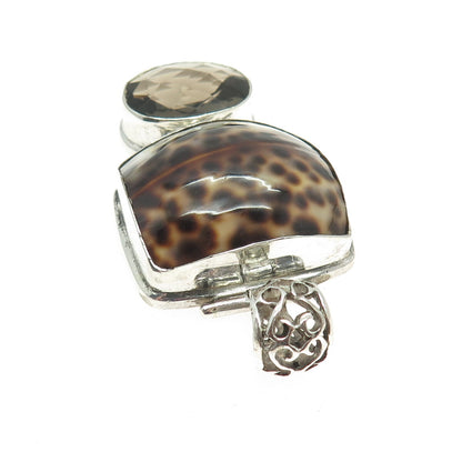 925 Sterling Silver Vintage Real Seashell & Smoky Quartz Modernist Pendant