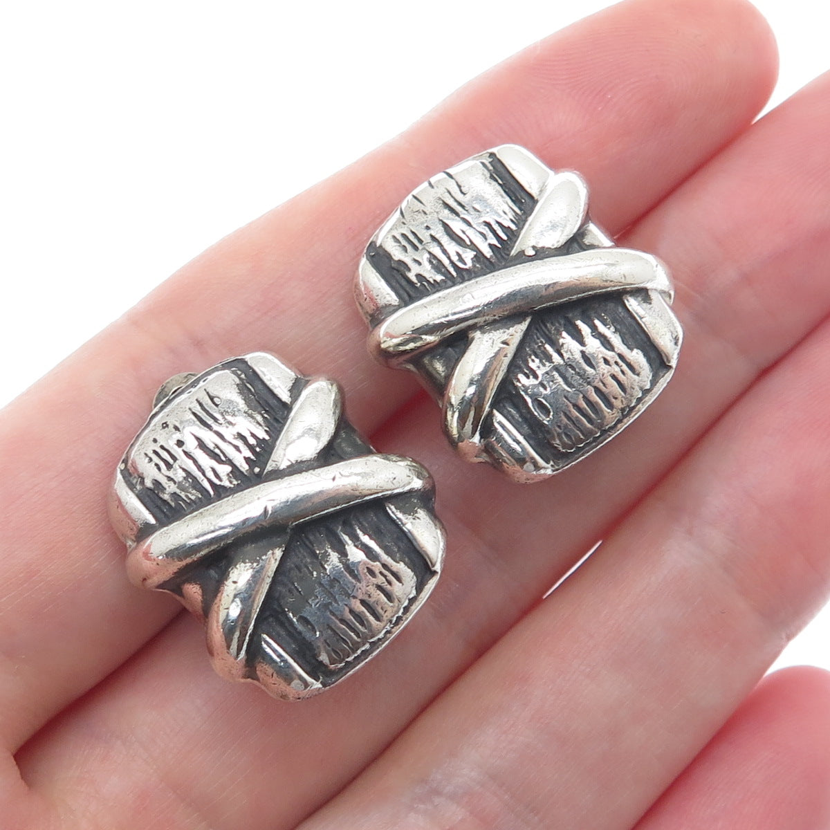 925 Sterling Silver Vintage Modernist Crisscross Oxidized Clip On Earrings