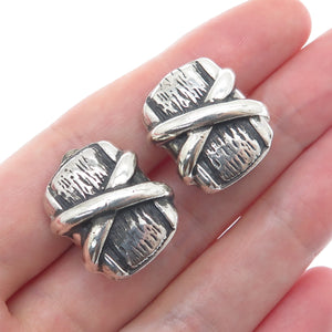 925 Sterling Silver Vintage Modernist Crisscross Oxidized Clip On Earrings