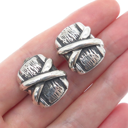 925 Sterling Silver Vintage Modernist Crisscross Oxidized Clip On Earrings