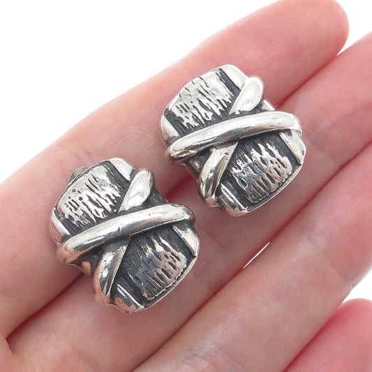 925 Sterling Silver Vintage Modernist Crisscross Oxidized Clip On Earrings