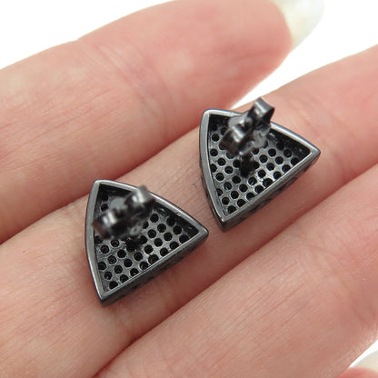 925 Sterling Silver Real Round-Cut Black Spinel Oxidized Triangle Earrings