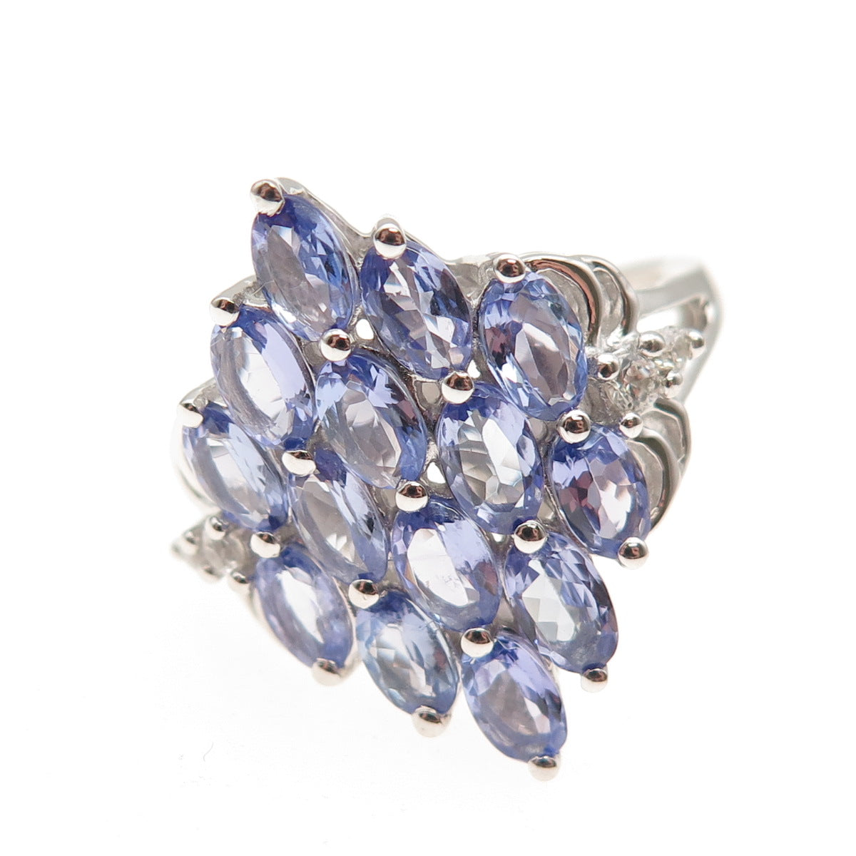 925 Sterling Silver Real Tanzanite & White Topaz Cluster Ring Size 8