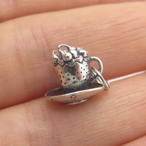 925 Sterling Silver Vintage Coffee Cup Oxidized Minimalist 3D Charm Pendant