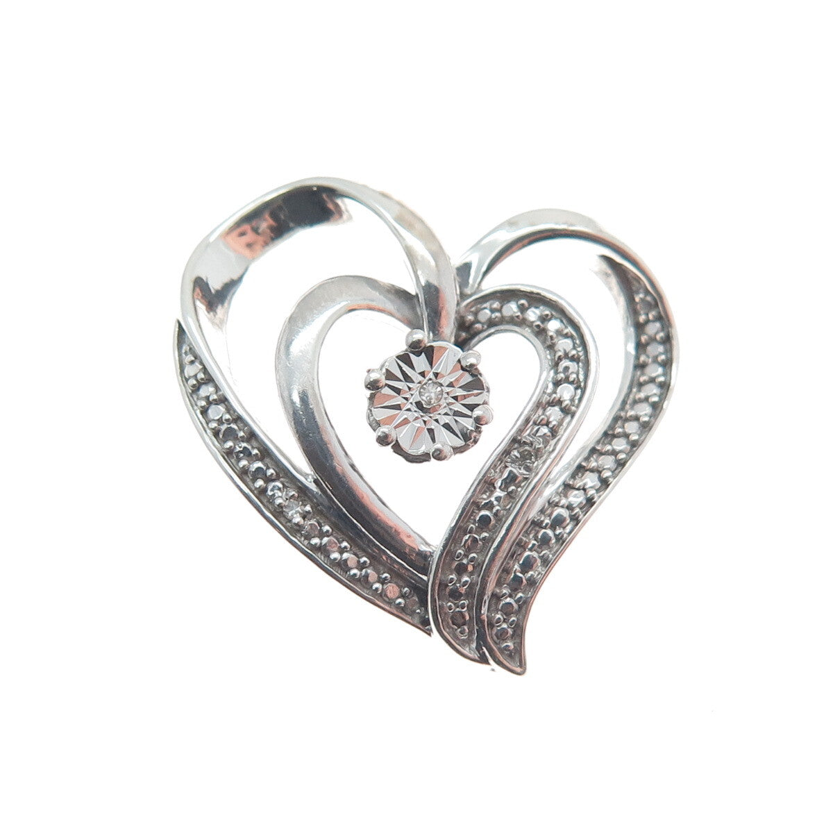 925 Sterling Silver Real White Diamond Open Double Heart Slide Pendant