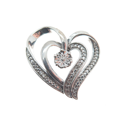 925 Sterling Silver Real White Diamond Open Double Heart Slide Pendant