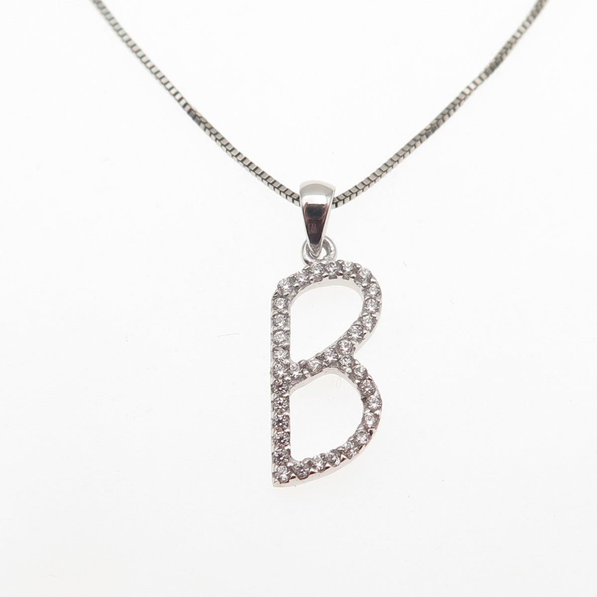 925 Sterling Silver Round-Cut C Z Letter B Initial Box Chain Necklace 18"