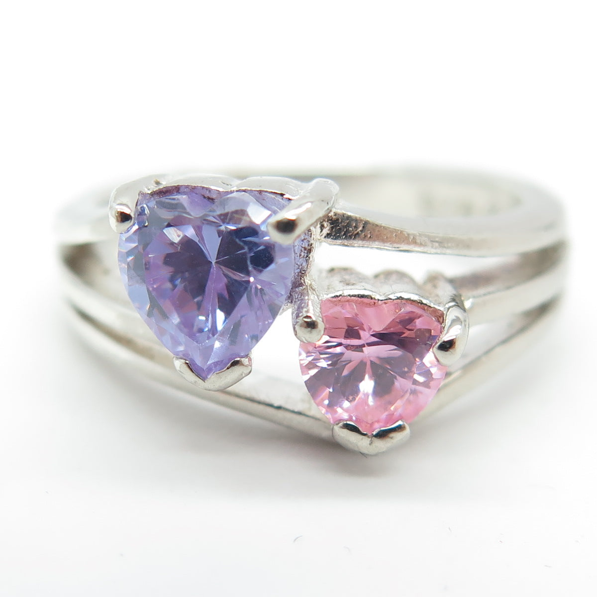 925 Sterling Silver Purple & Pink C Z Heart Ring Size 6.75