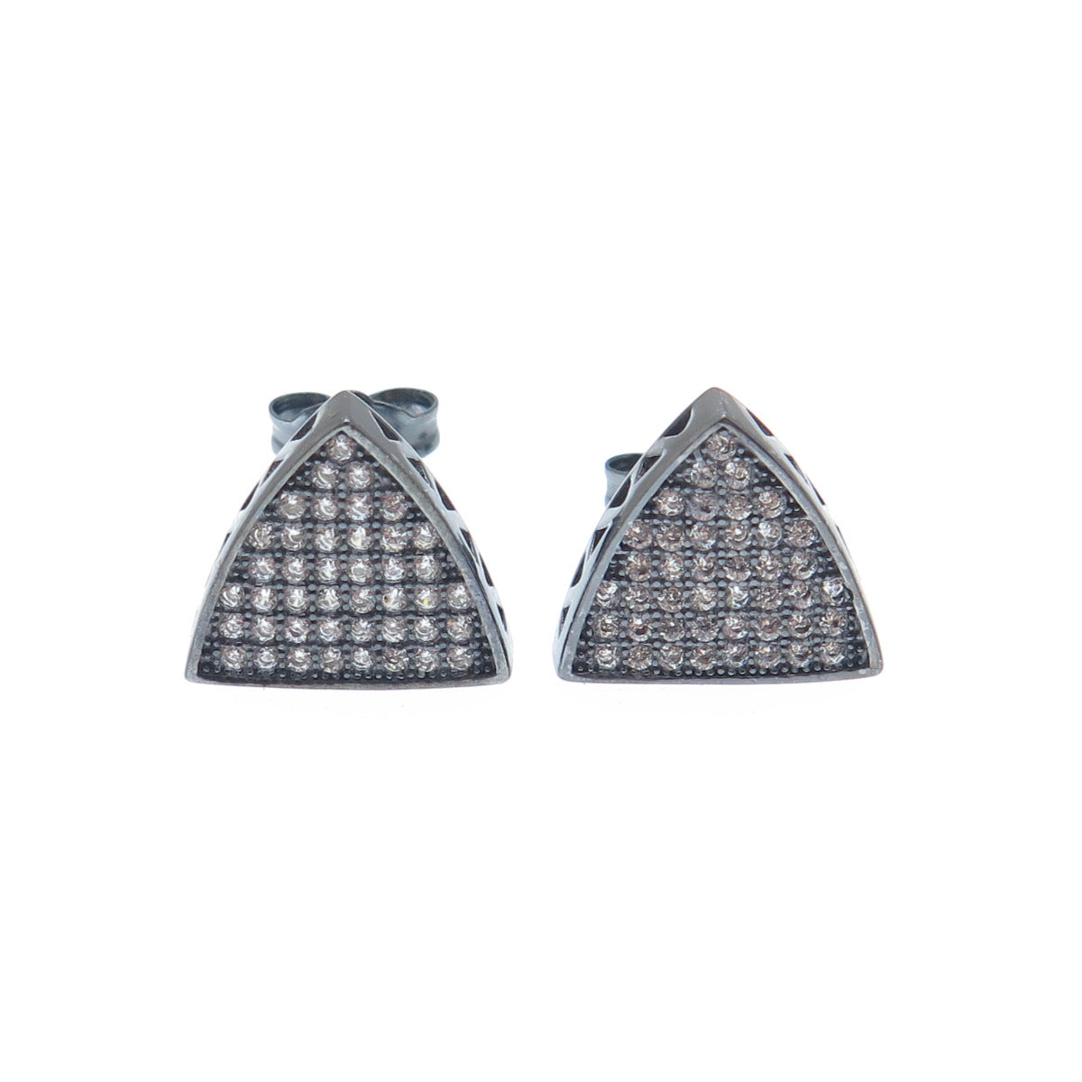 925 Sterling Silver Black Rhodium Round-Cut C Z Triangle Stud Earrings