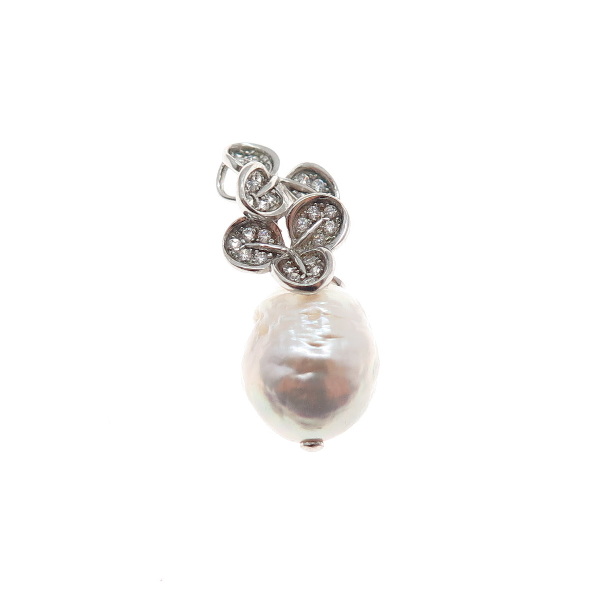 925 Sterling Silver Real Baroque Pearl & C Z Floral Charm Pendant