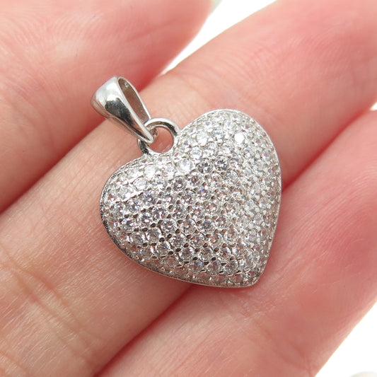 925 Sterling Silver Round-Cut C Z Sparkle Puffy Heart Pendant