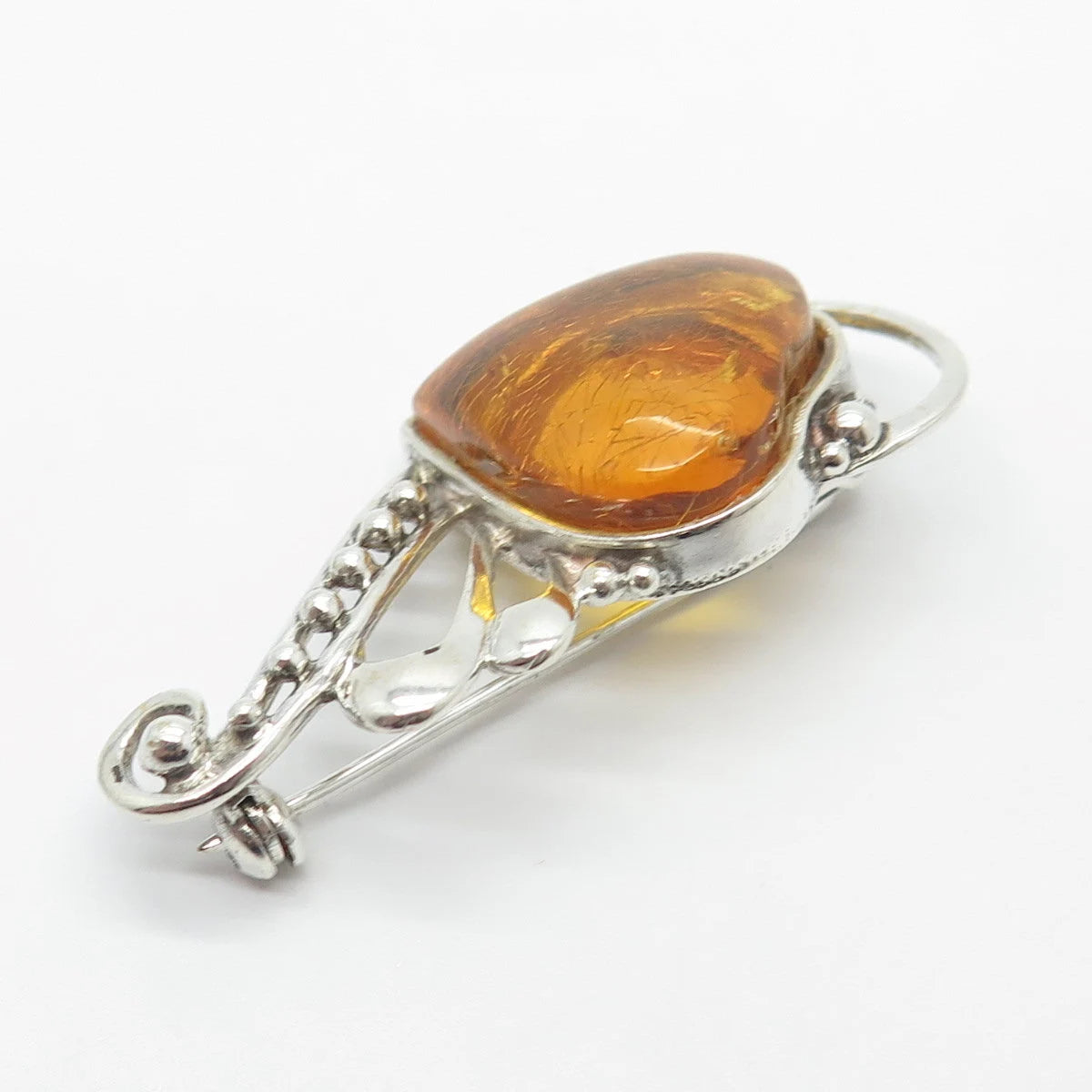 925 Sterling Silver Vintage Real Amber Beaded Heart Pin Brooch