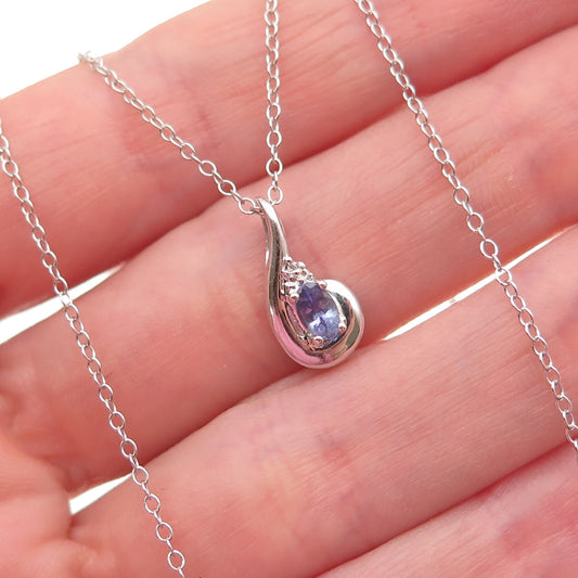 925 Sterling Silver Real Diamond Accent & Tanzanite Cable Chain Necklace 18"