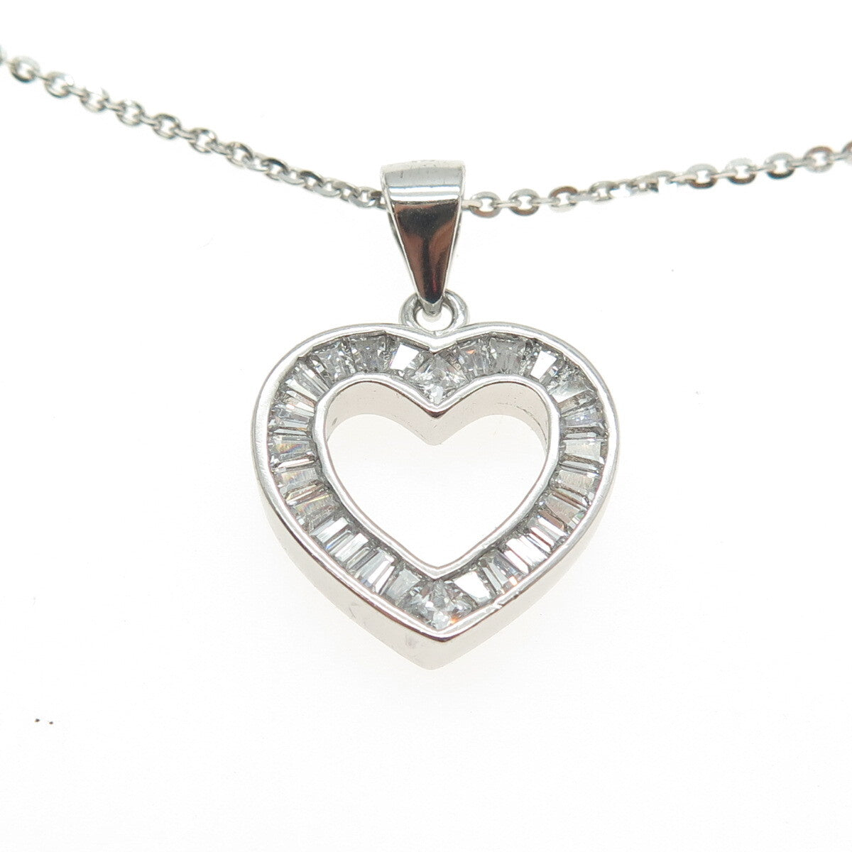 925 Sterling Silver Tapered Baguette-Cut C Z Heart Cable Chain Necklace 16"