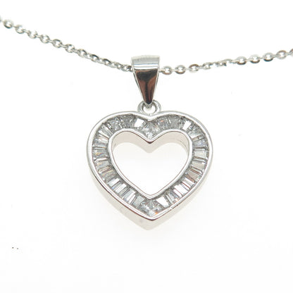 925 Sterling Silver Tapered Baguette-Cut C Z Heart Cable Chain Necklace 16"