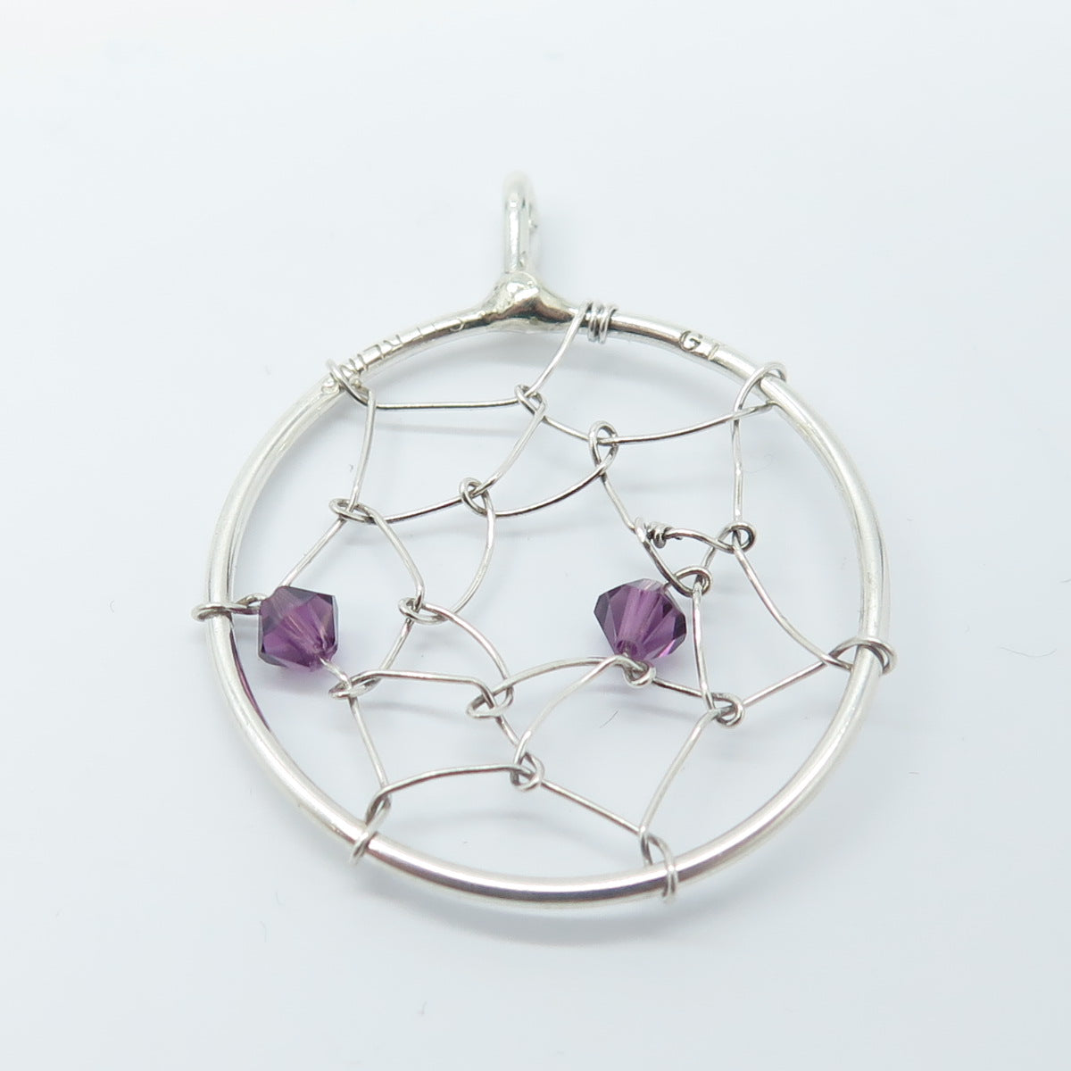 925 Sterling Silver Vintage Real Amethyst Gemstone Spiderweb Pendant