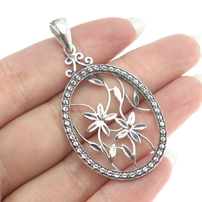 925 Sterling Silver Vintage Flower Oval Frame Pendant