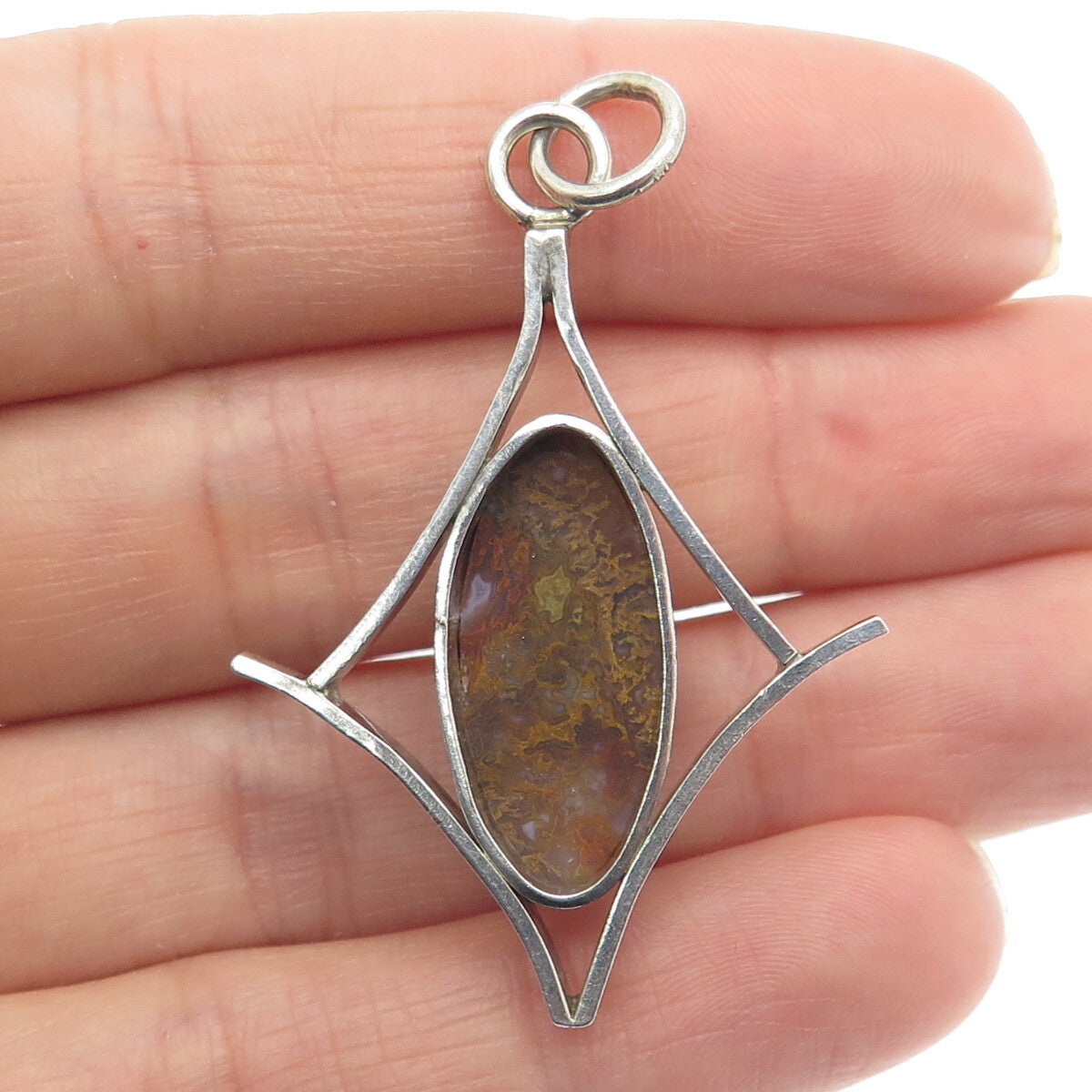 925 Sterling Silver Vintage Real Agate Modernist Pendant
