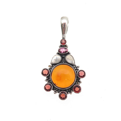 Sajen 925 Sterling Silver Vintage Real Amber Tourmaline Garnet Moonstone Pendant
