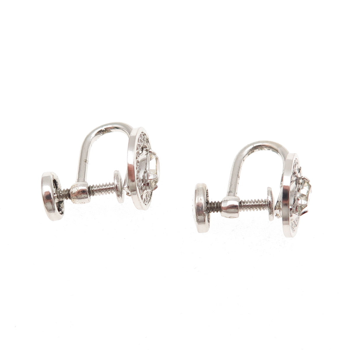 925 Sterling Silver Antique Art Deco Rhinestone Filigree Screw Back Earrings